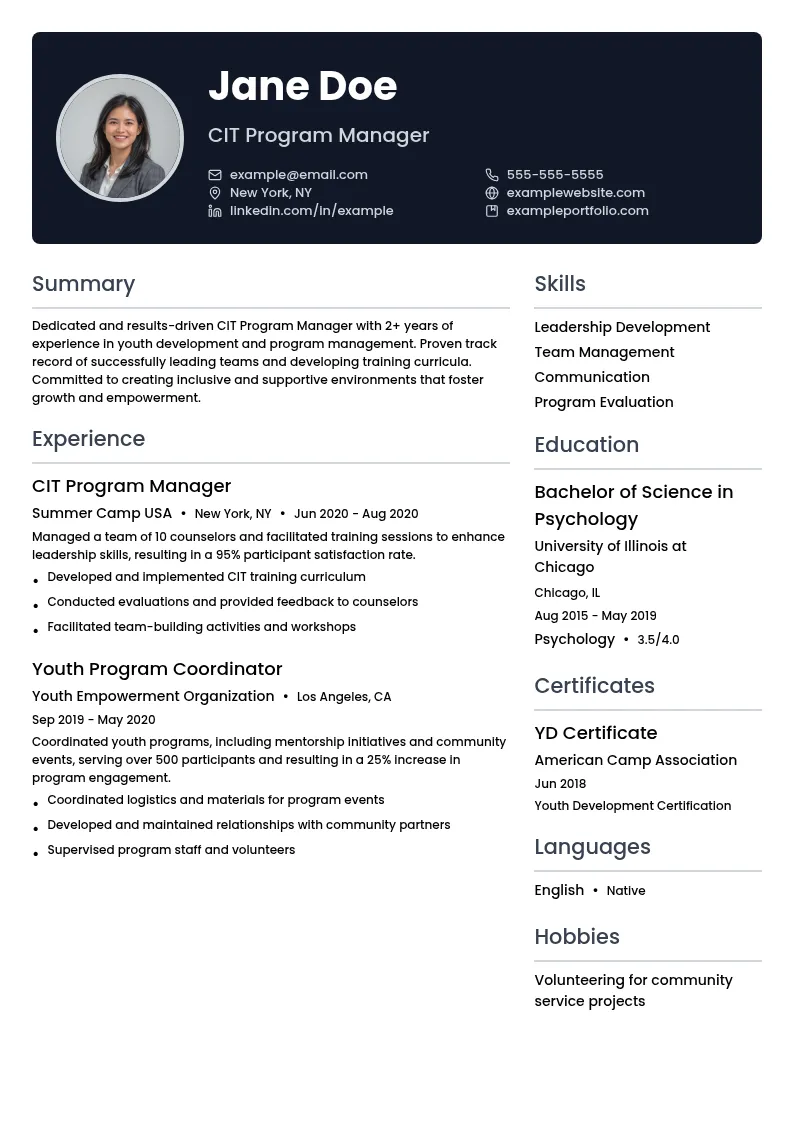 Counselor in Training (CIT) Program Manager resume example