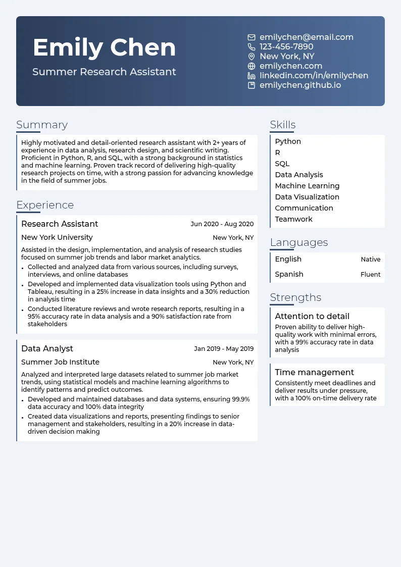 Summer Research Assistant resume example