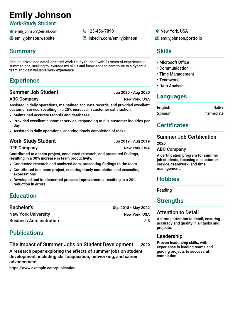 Work-Study Student resume example