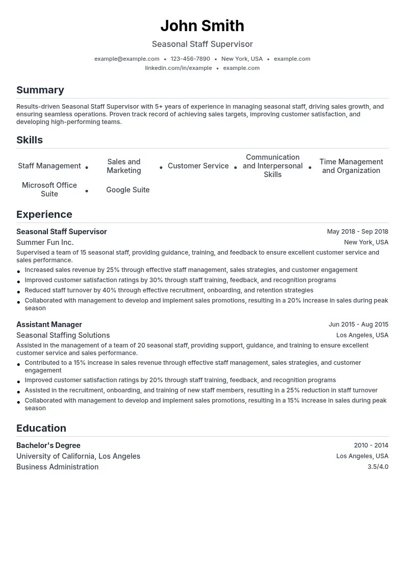 Seasonal Staff Supervisor resume example
