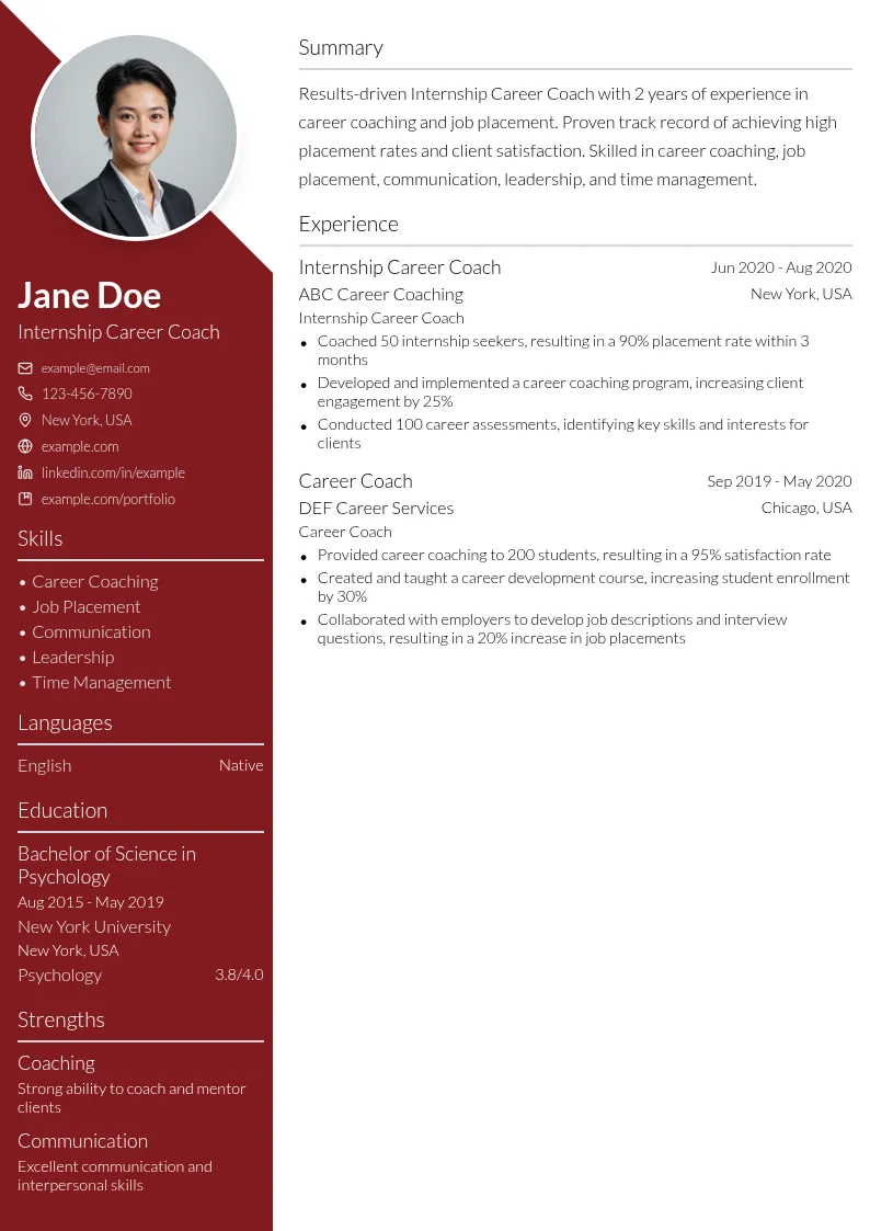 Internship Career Coach resume example