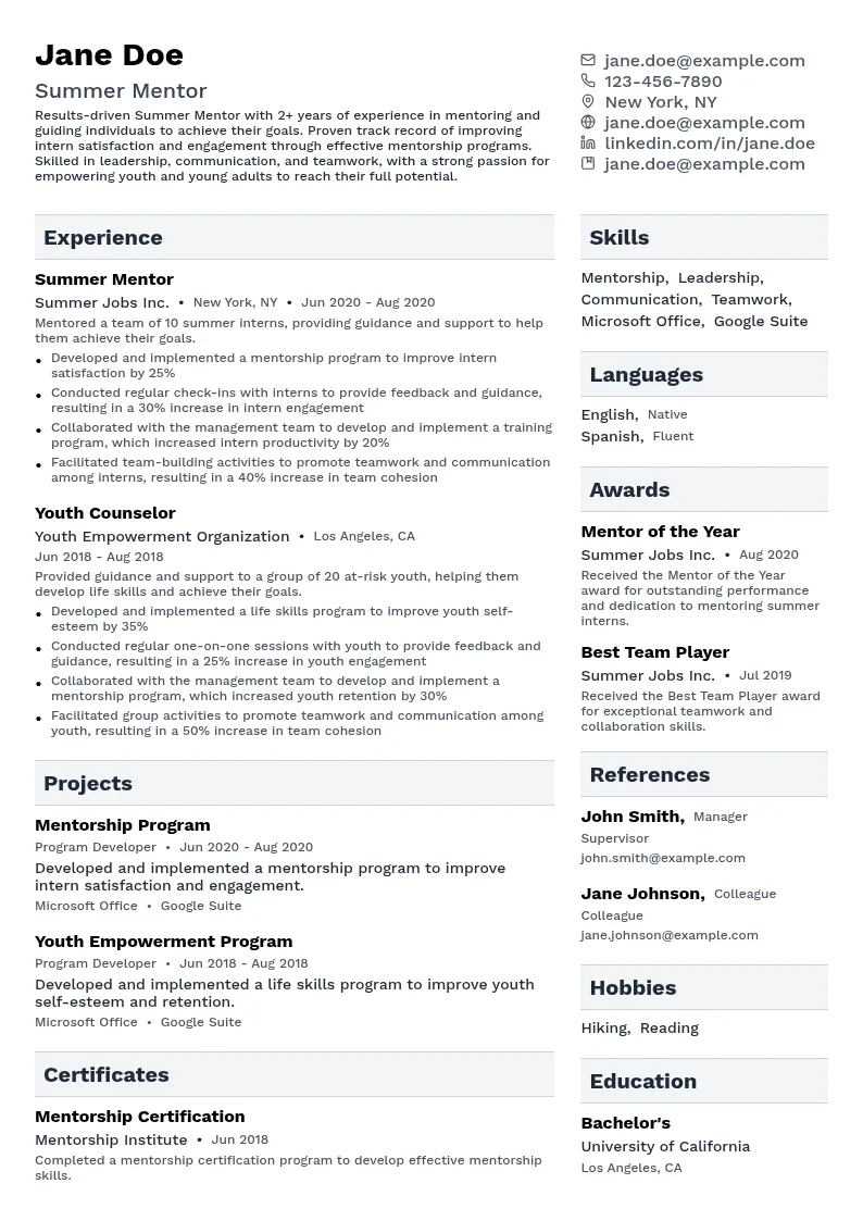 Summer Mentor resume example