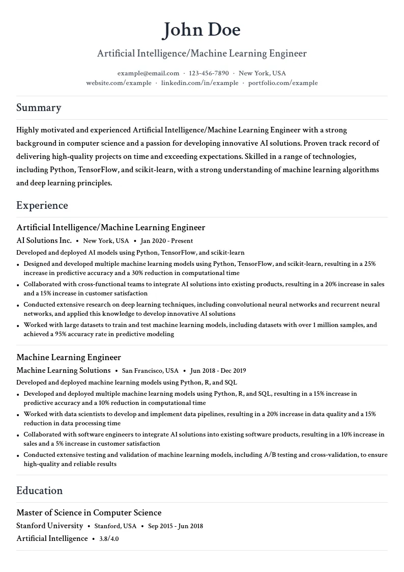 Artificial Intelligence/Machine Learning Engineer resume example