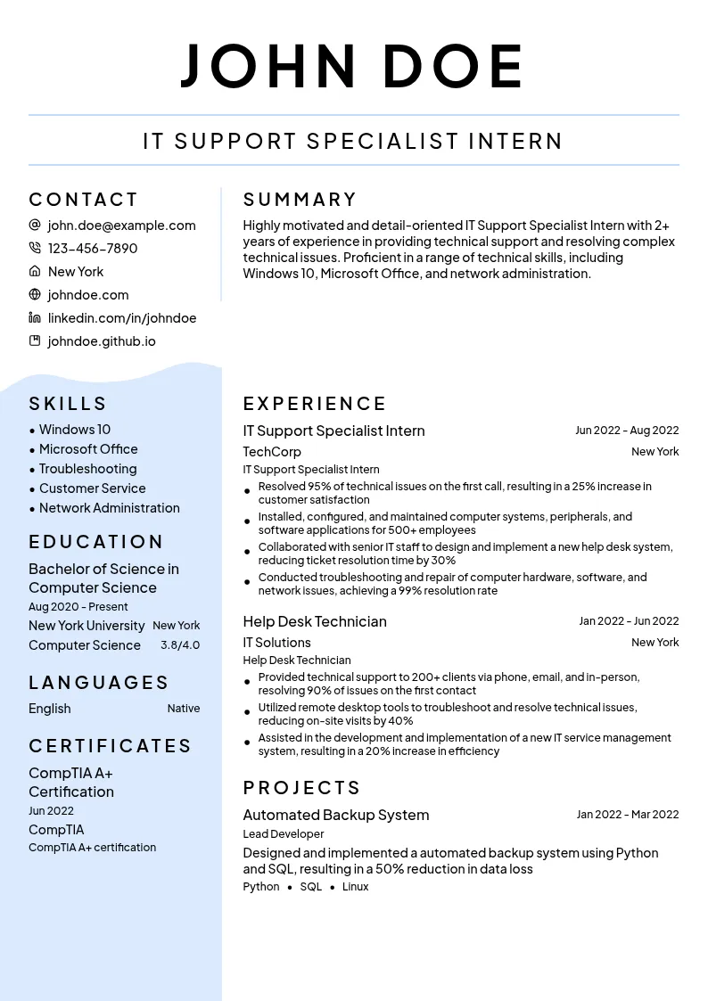 IT Support Specialist Intern resume example