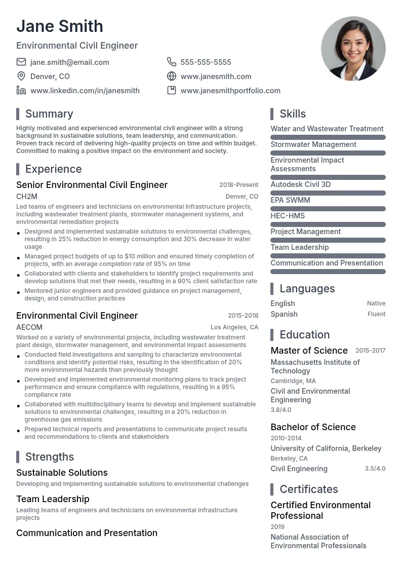 Environmental Civil Engineer resume example