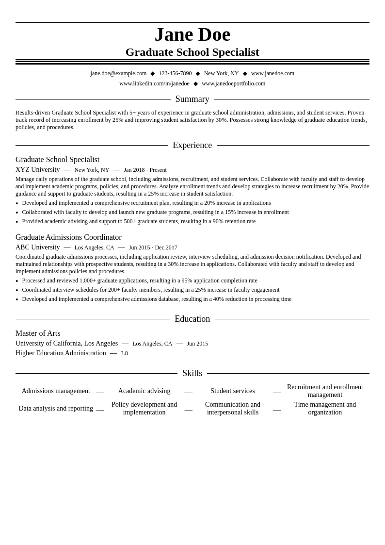 Graduate School Specialist resume example