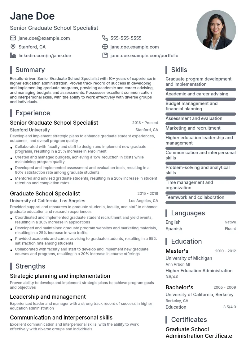 Senior Graduate School Specialist resume example