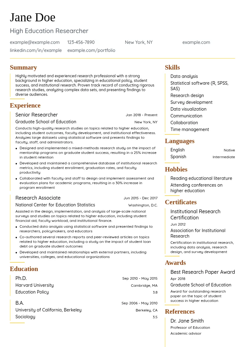 High Education Researcher resume example