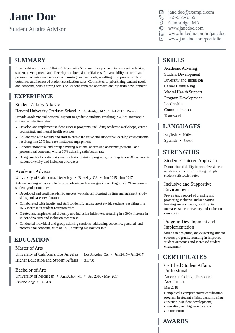 Student Affairs Advisor resume example