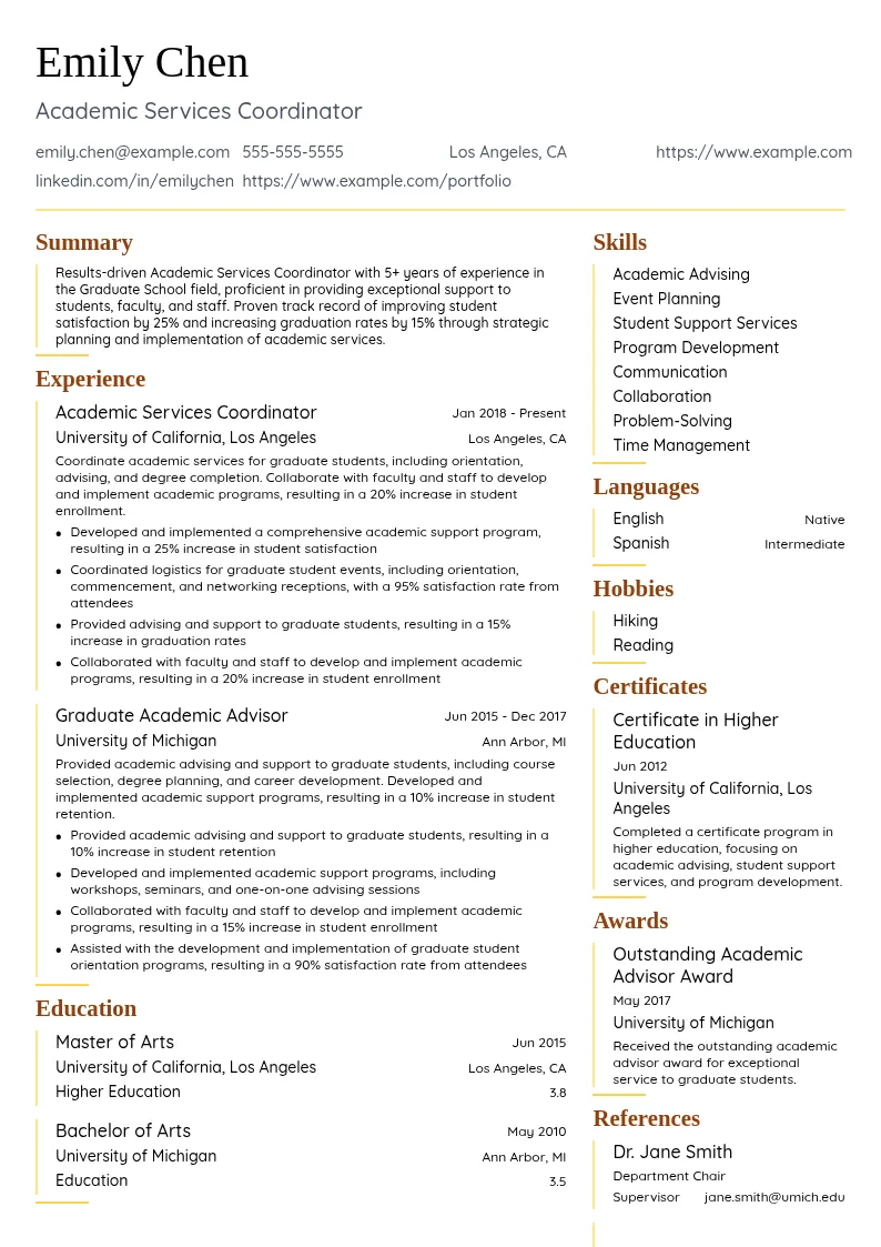 Academic Services Coordinator resume example