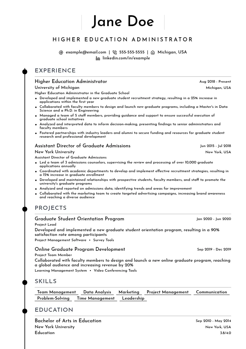 Higher Education Administrator resume example