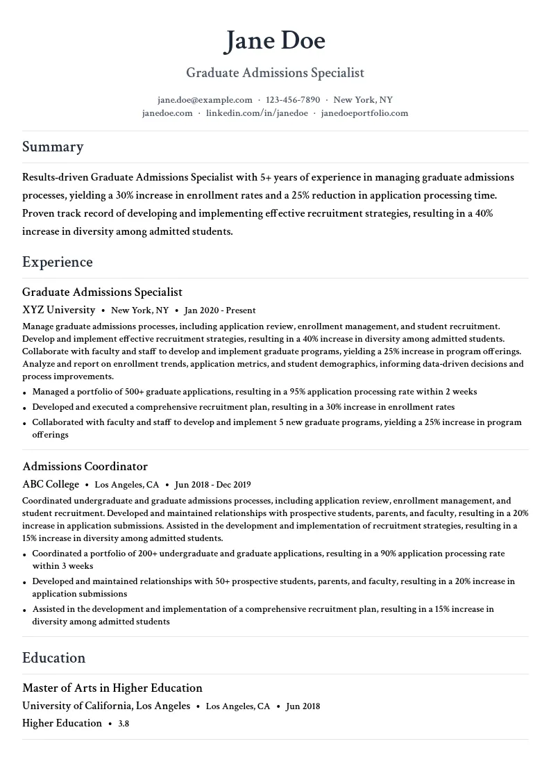 Graduate Admissions Specialist resume example