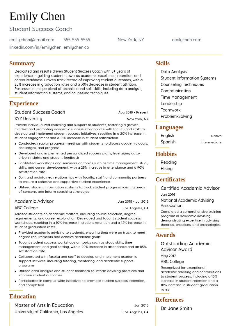 Student Success Coach resume example
