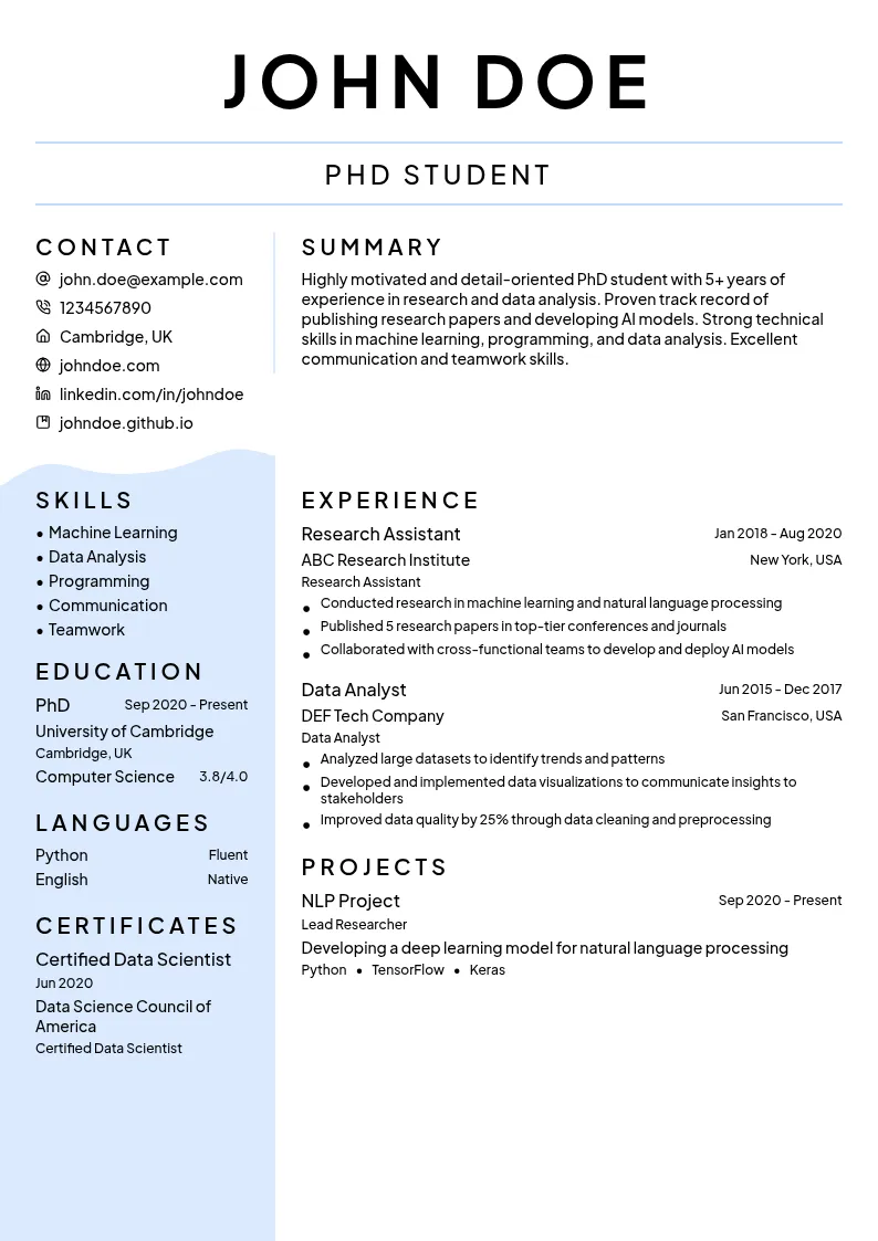 PhD Student resume example