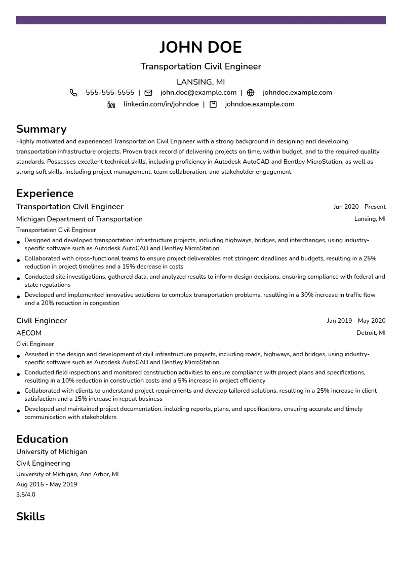 Transportation Civil Engineer resume example