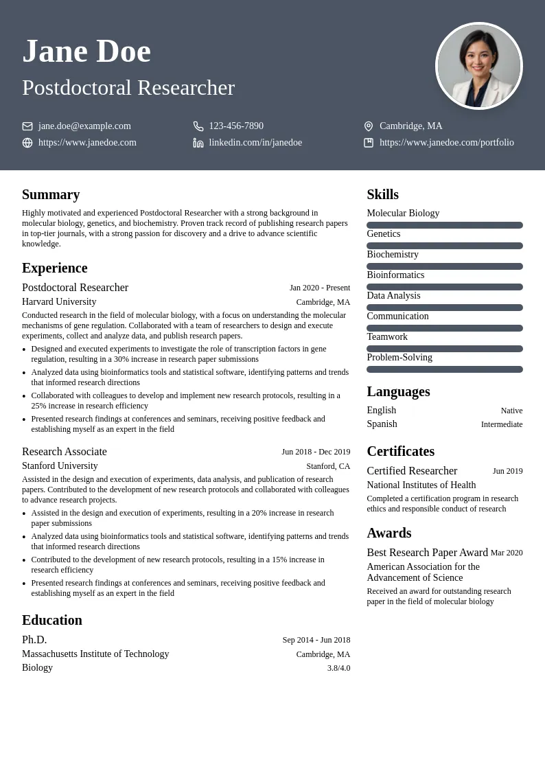 Postdoc resume example