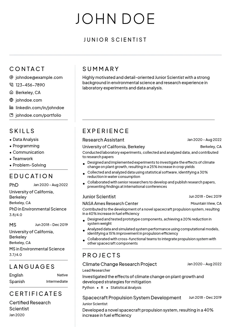 Junior Scientist resume example