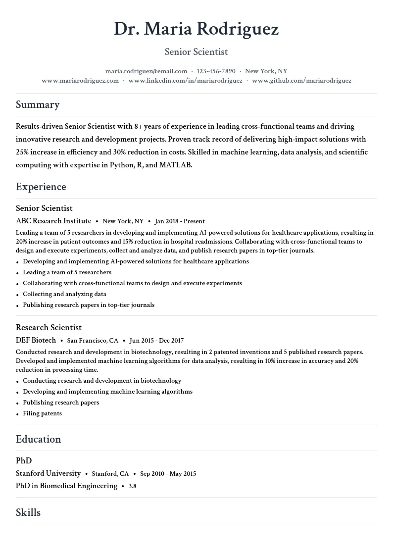 Senior Scientist resume example