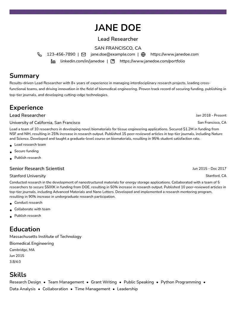 Lead Researcher resume example