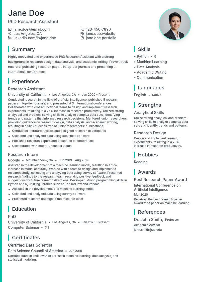 PhD Research Assistant resume example