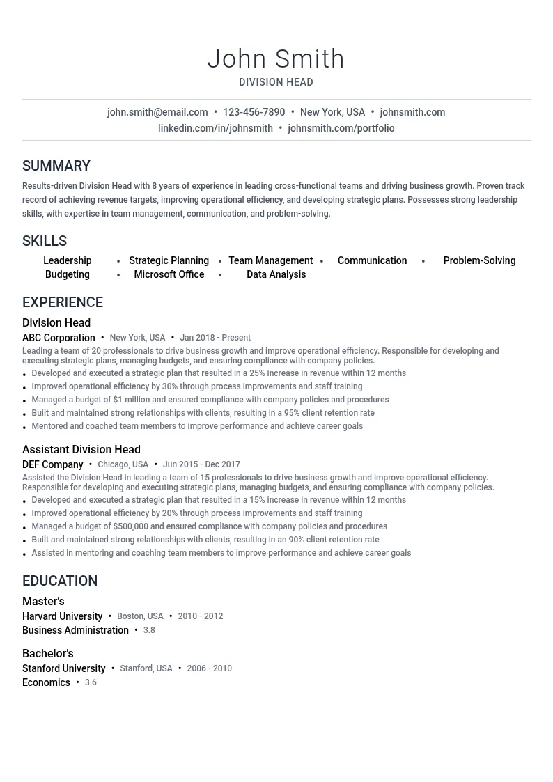 Division Head resume example