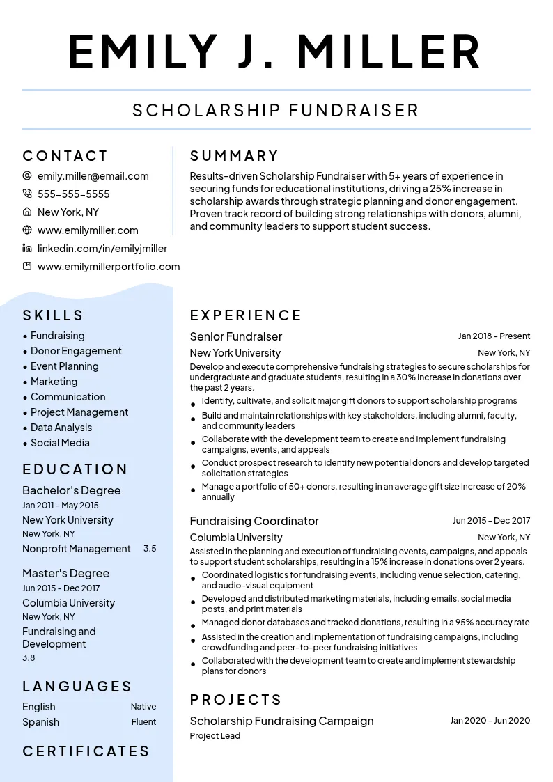 Scholarship Fundraiser resume example