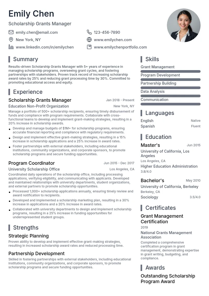 Scholarship Grants Manager resume example