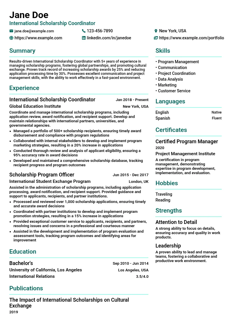 International Scholarship Coordinator resume example
