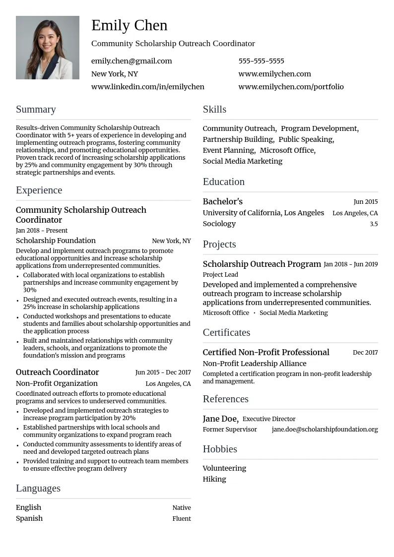 Community Scholarship Outreach Coordinator resume example