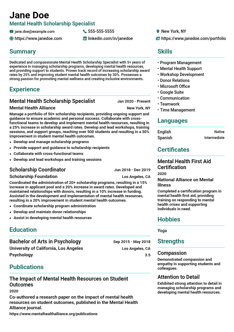 Mental Health Scholarship Specialist resume example