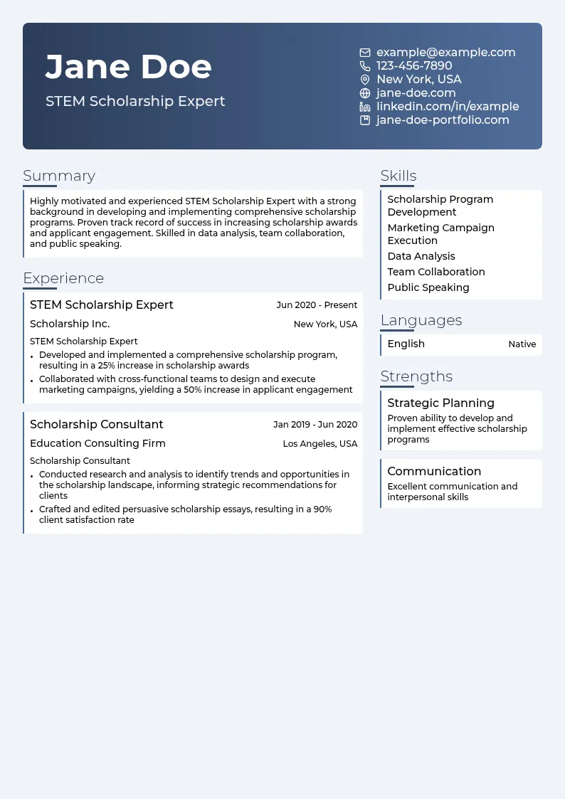 STEM Scholarship Expert resume example