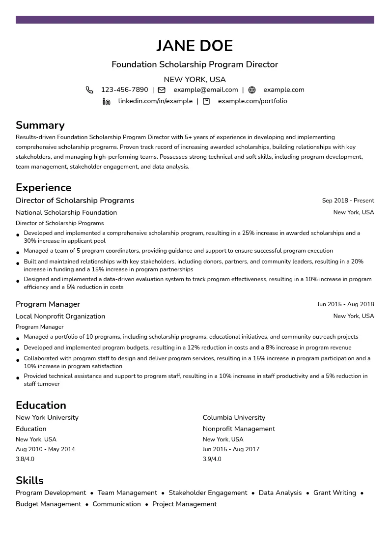 Foundation Scholarship Program Director resume example