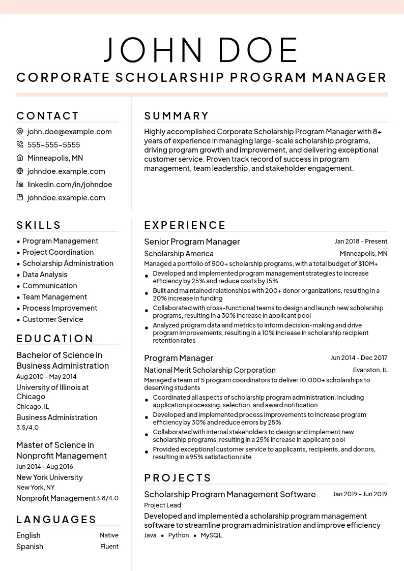 Corporate Scholarship Program Manager resume example