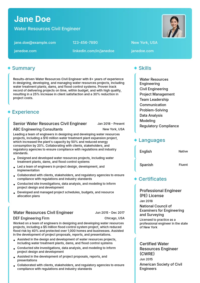 Water Resources Civil Engineer resume example