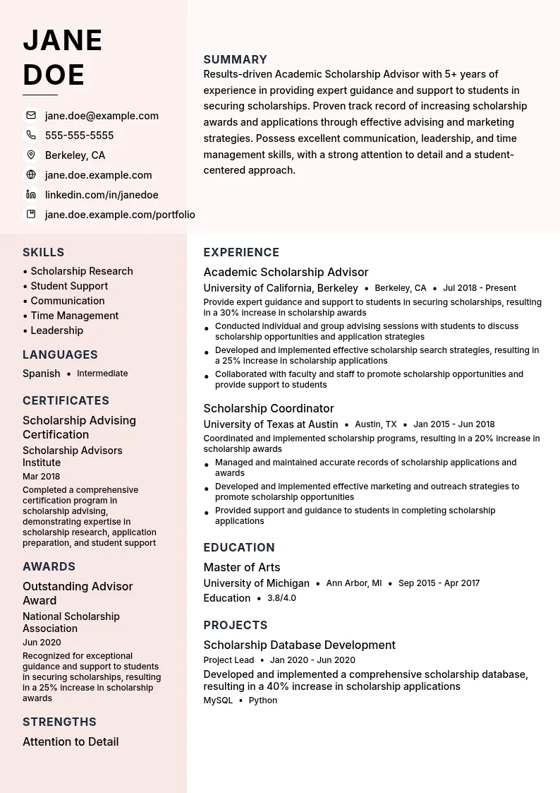 Academic Scholarship Advisor resume example
