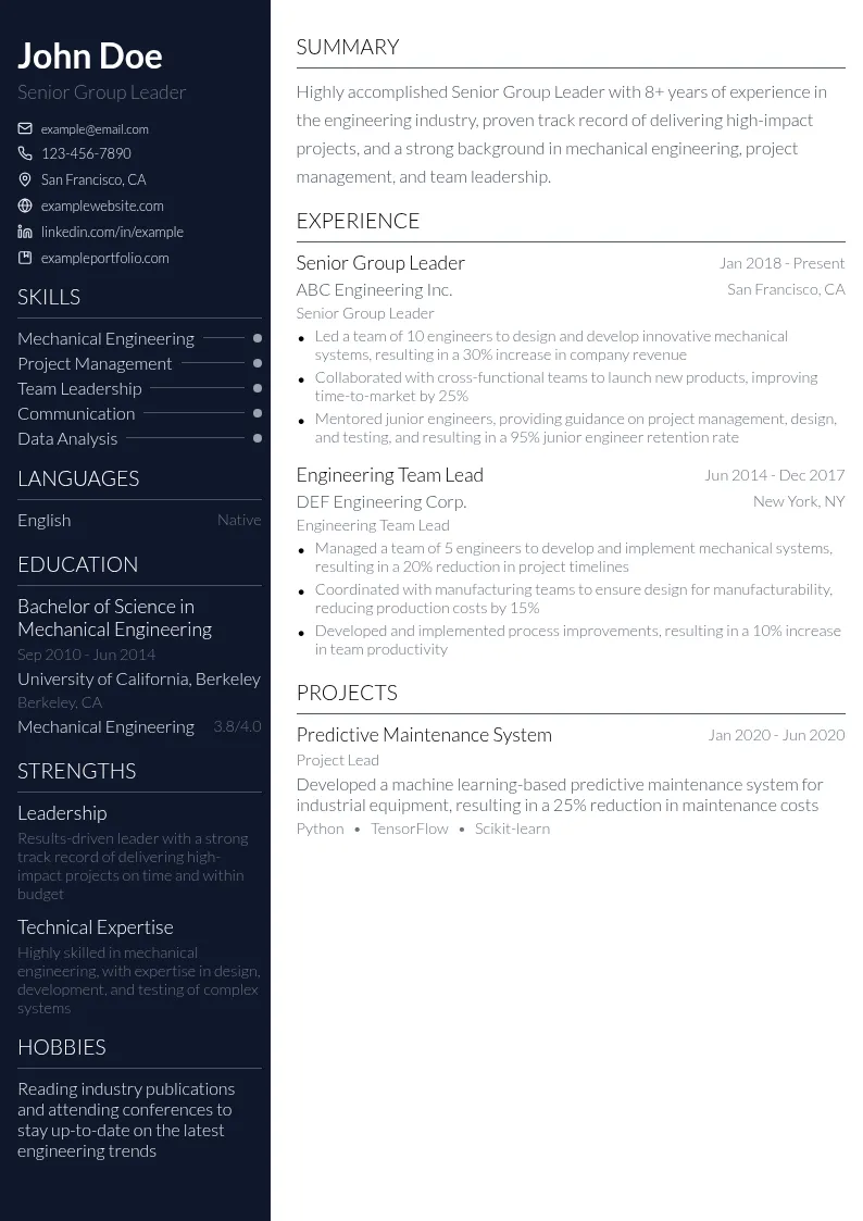 Senior Group Leader resume example
