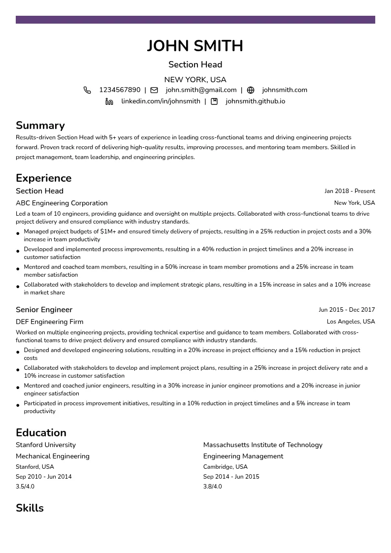 Section Head resume example