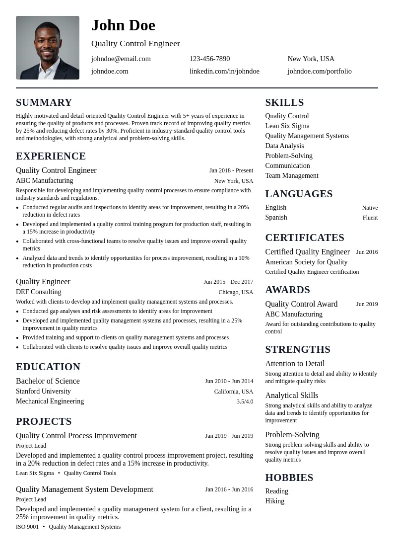 Quality Control Engineer resume example