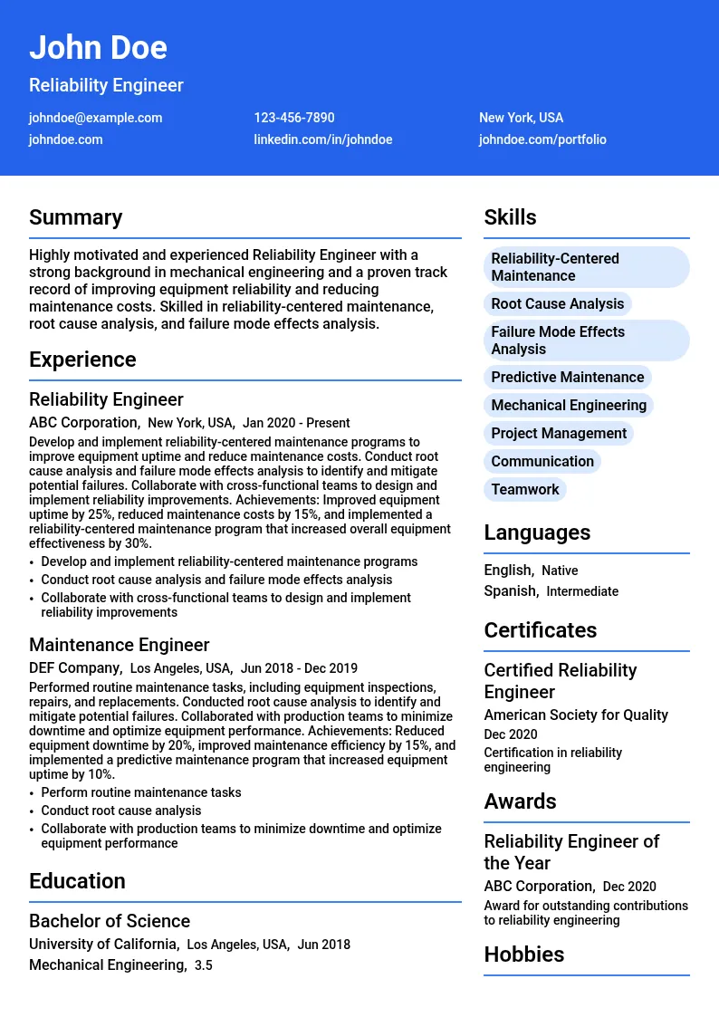 Reliability Engineer resume example