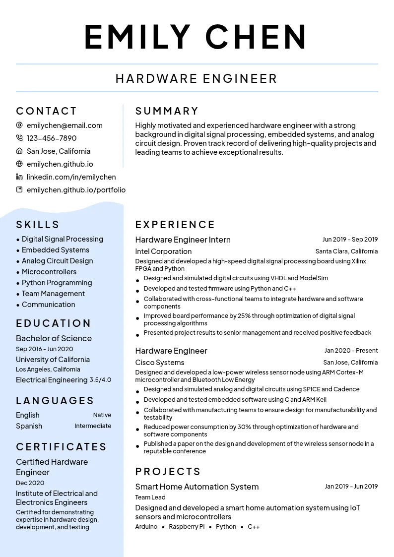 Hardware Engineer resume example