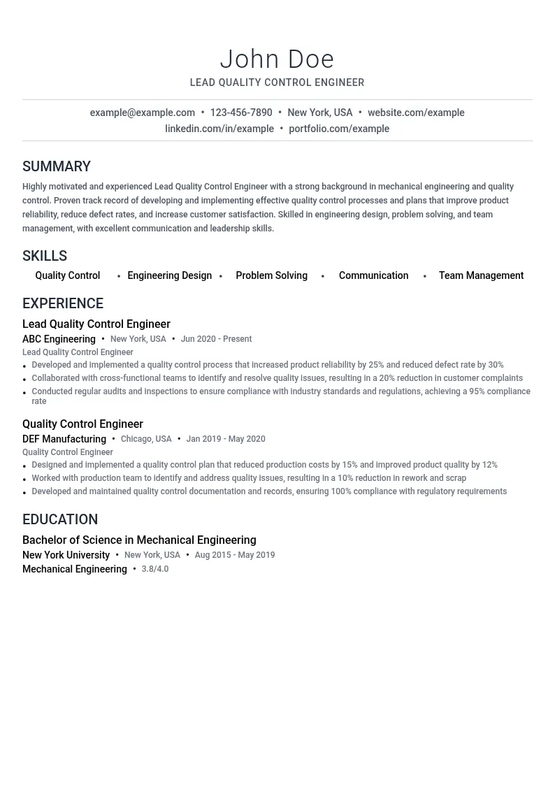 Lead Quality Control Engineer resume example