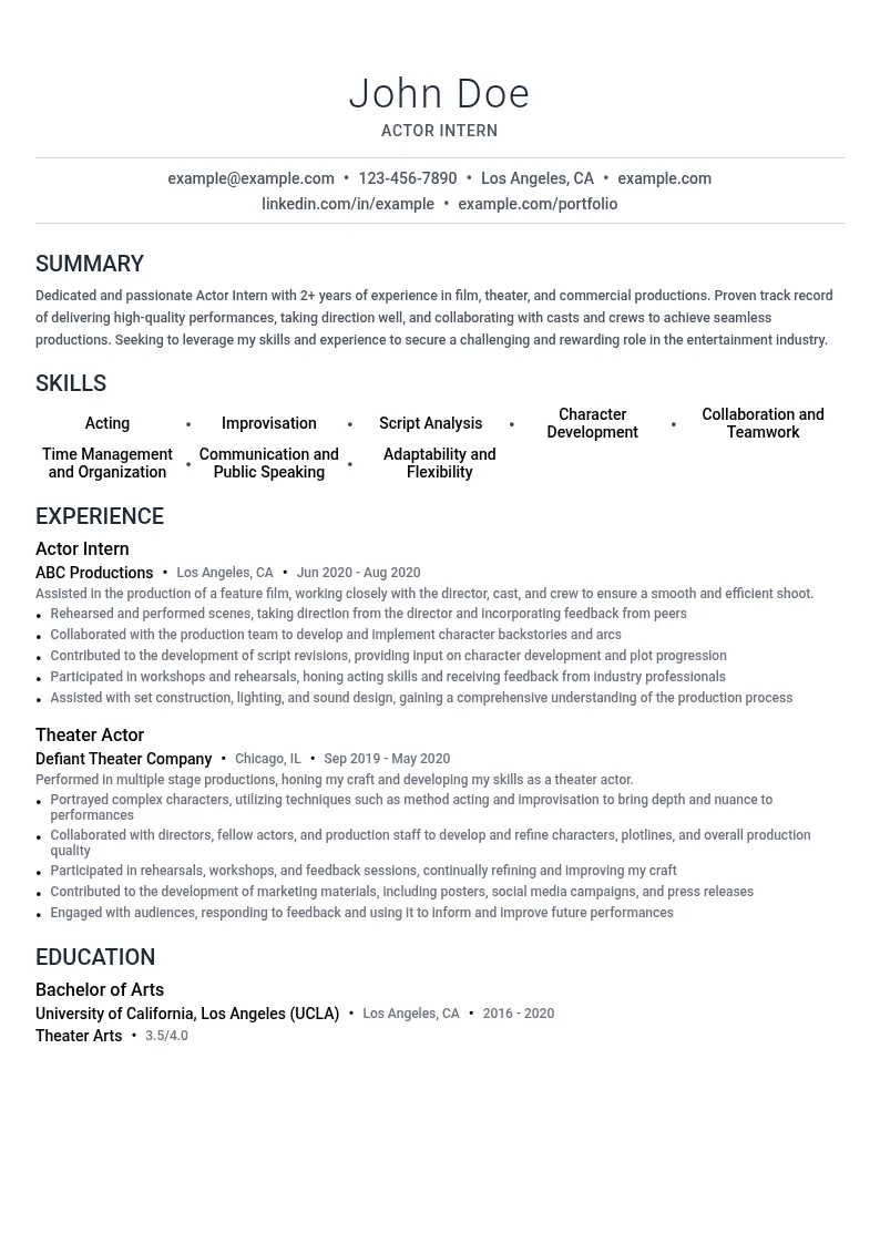 Actor Intern resume example