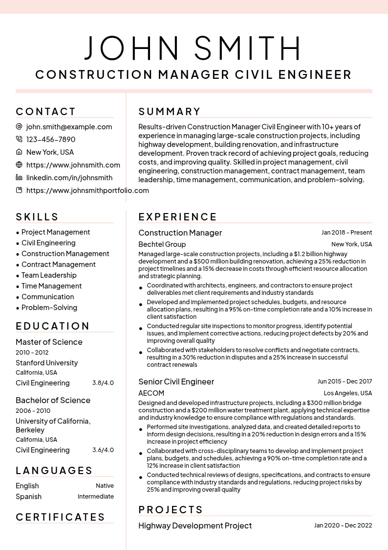 Construction Manager Civil Engineer resume example