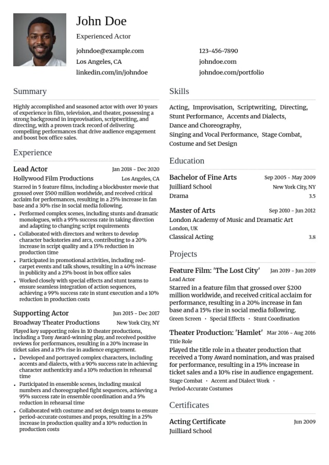 Experienced Actor resume example