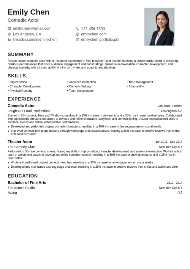 Comedic Actor resume example