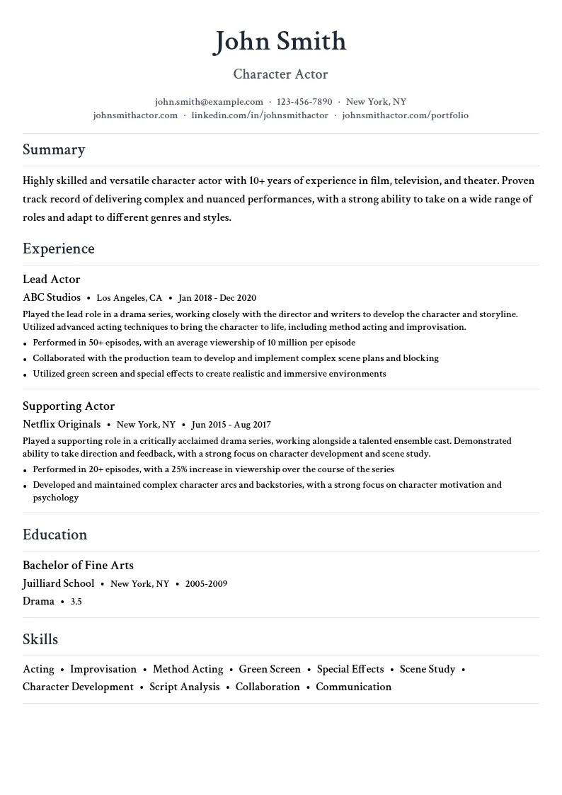 Character Actor resume example