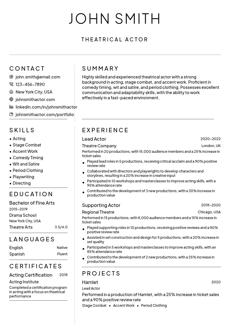 Theatrical Actor resume example