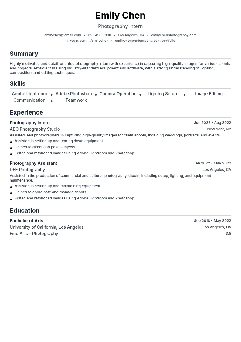 Photography Intern resume example