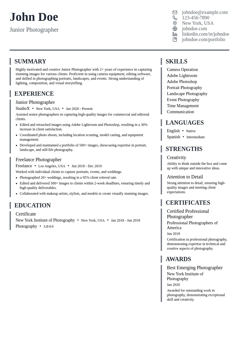 Junior Photographer resume example