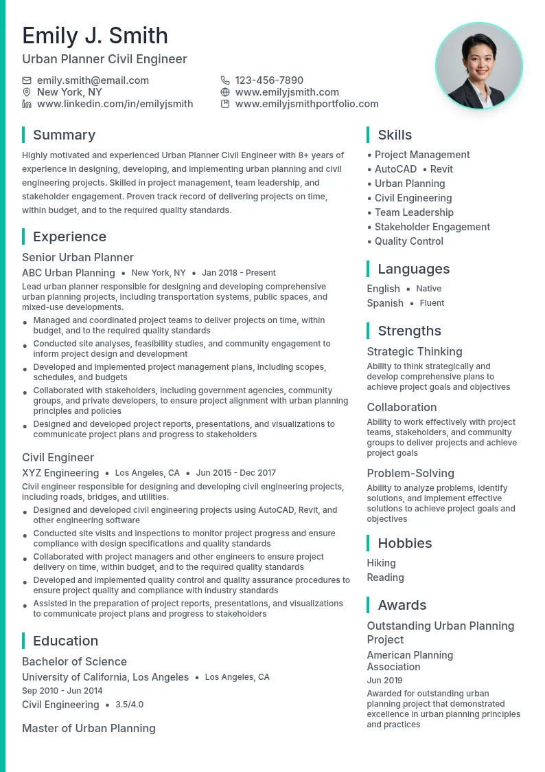 Urban Planner Civil Engineer resume example